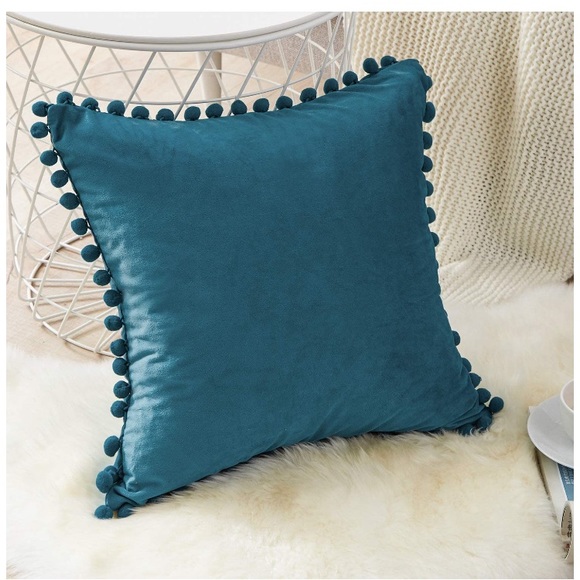 Dark Teal/Turquoise Trendy Cute Decorative Pompom Tassel Throw Pillow Cover Set - Picture 3 of 16